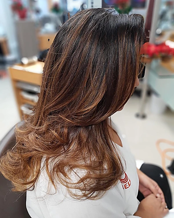 Cabello castaño con degradado cobrizo hacia las puntas, de espaldas en el salón