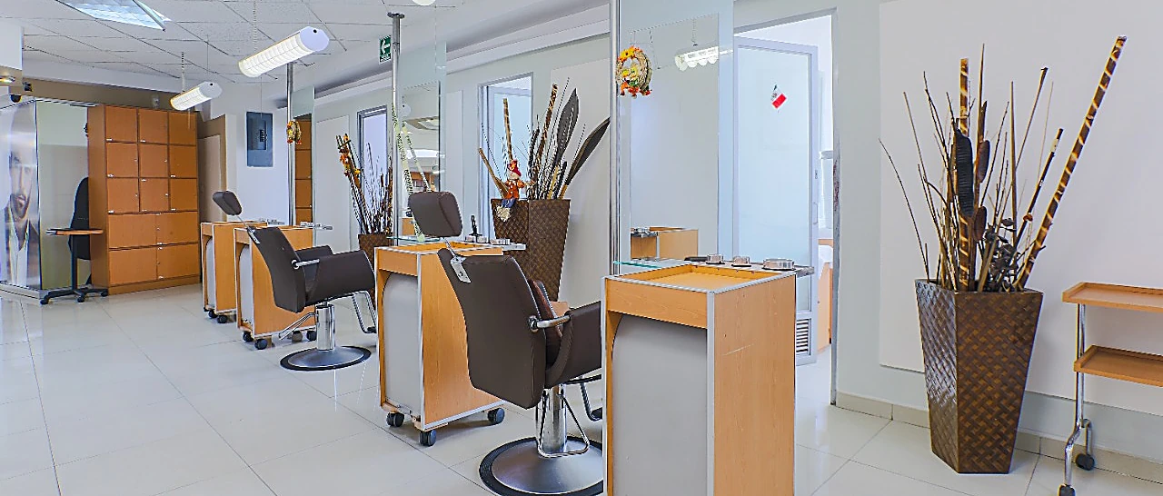Fila de estaciones del salón con carritos de madera, sillones negros y plantas altas